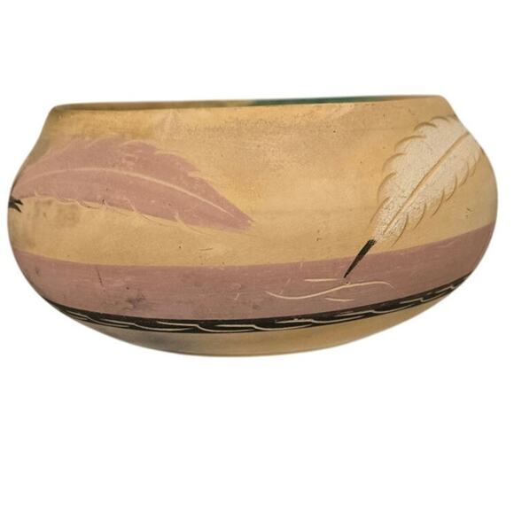 Vintage Pottery SW Bowl Navajo Signed LIttle Violet Feathers Pink Black White - Picture 4 of 8